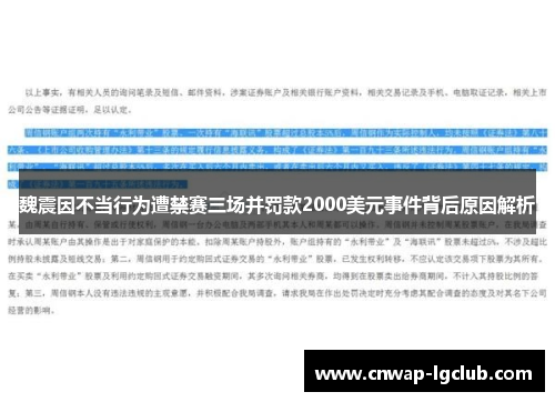 魏震因不当行为遭禁赛三场并罚款2000美元事件背后原因解析 魏震因不当行为遭禁赛三场并罚款2000美元事件背后原因解析