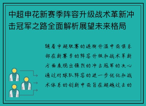 中超申花新赛季阵容升级战术革新冲击冠军之路全面解析展望未来格局