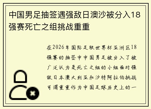 中国男足抽签遇强敌日澳沙被分入18强赛死亡之组挑战重重 中国男足抽签遇强敌日澳沙被分入18强赛死亡之组挑战重重